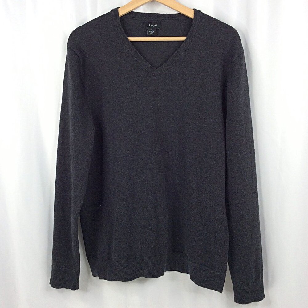 Alfani V-Neck Sweater‎ Mens Size Large Gray Long Sleeve Cotton Modal Blend